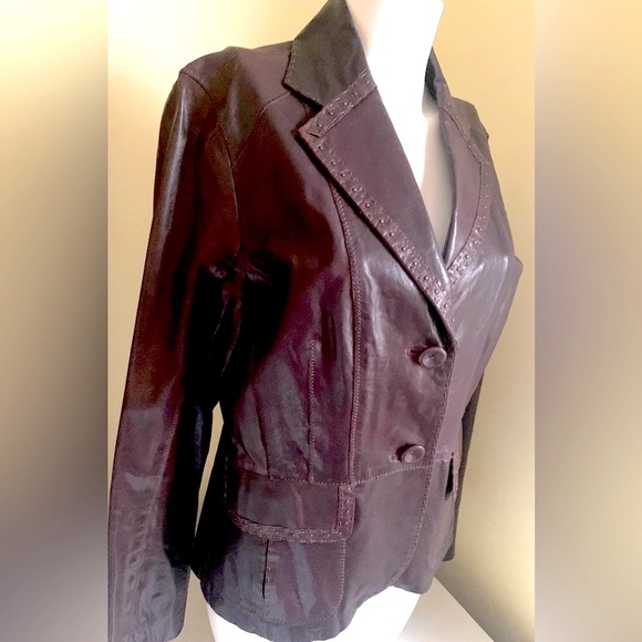 Derimod Brownish Burgundy Shiny Lamb Leather Blazer jacket metal Spikes US M - Picture 2 of 16